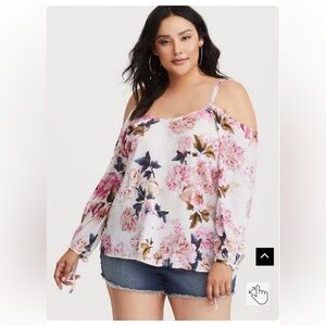 Torrid Floral Cold Shoulder Blouse - Pink and White